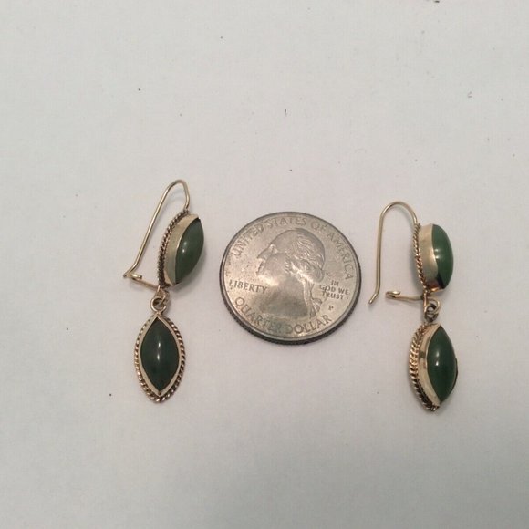 14k Real Yellow Gold Natural Jade Drop Hanging Lady Earrings 3.70gr - Picture 3 of 8